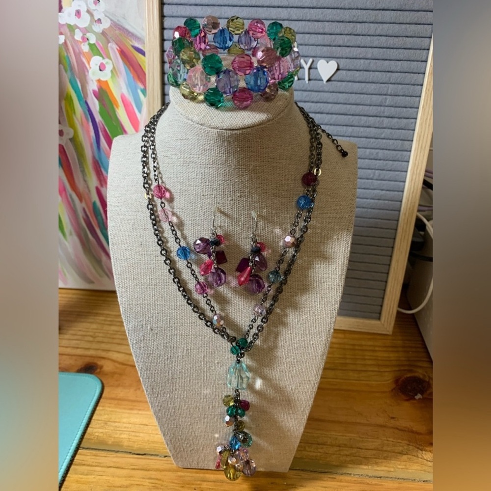 Multicolor Beaded Necklace, Earrings, Bracelet Set